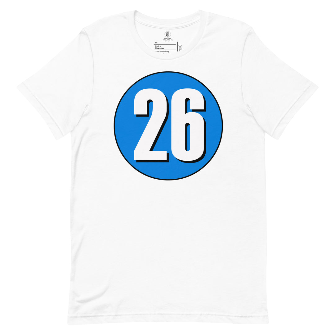 Unisex t-shirt: White on Blue 26