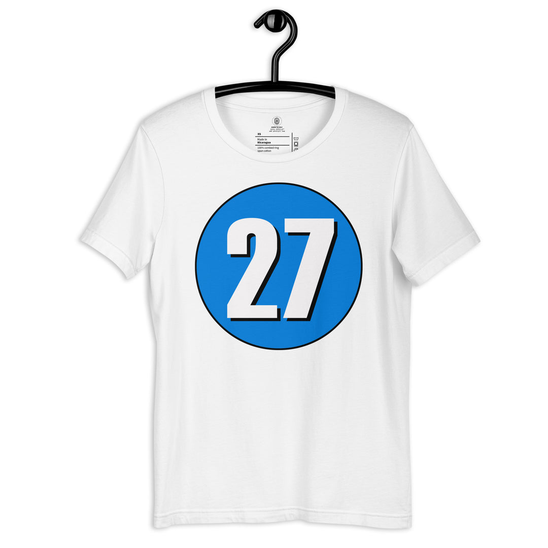 Unisex t-shirt: White on Blue 27