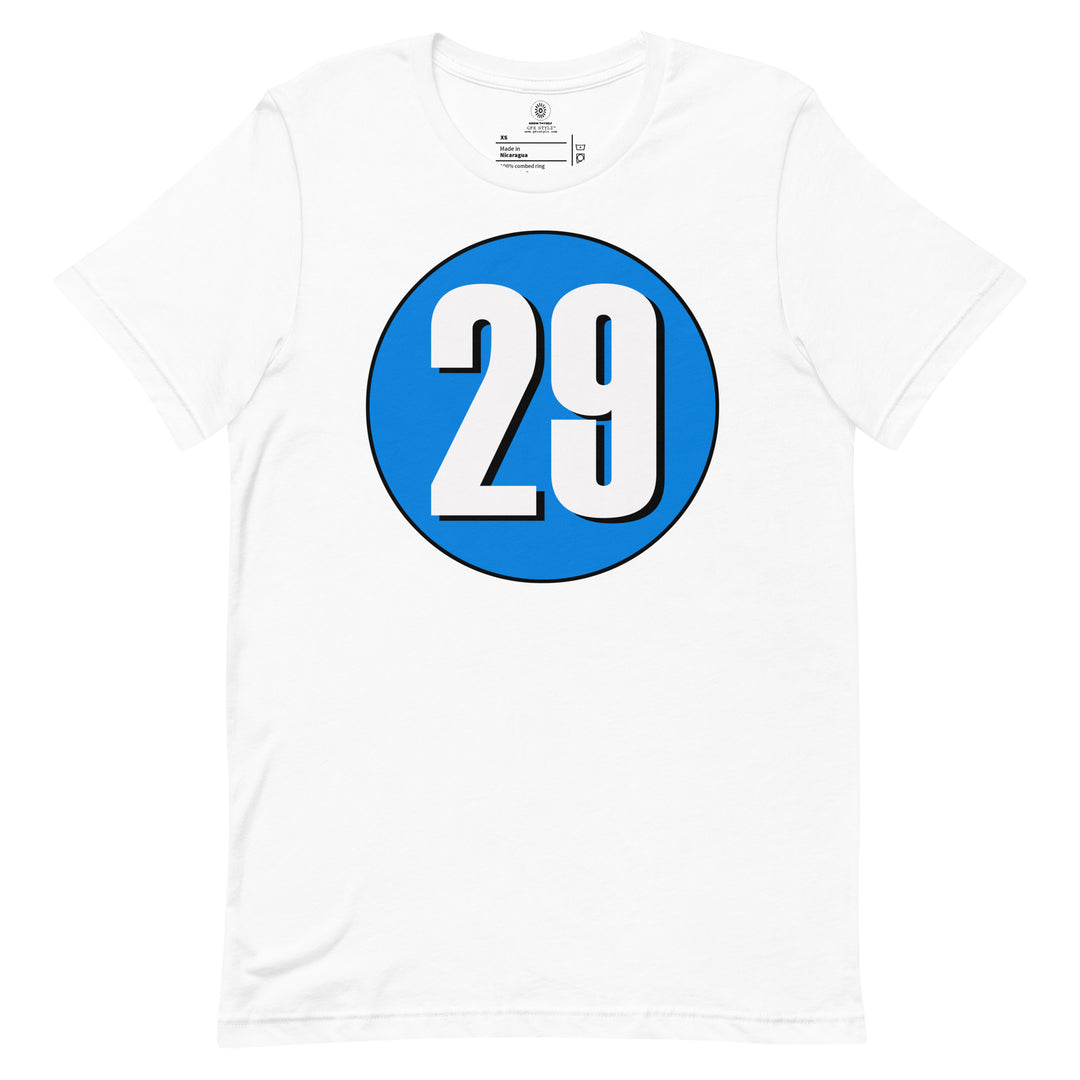 Unisex t-shirt: White on Blue 29