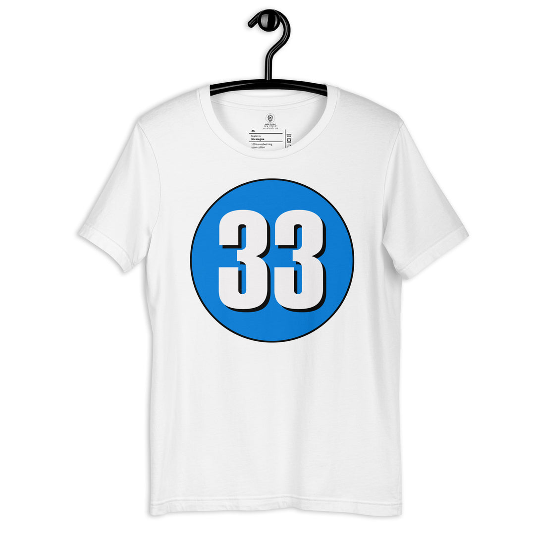 Unisex t-shirt: White on Blue 33