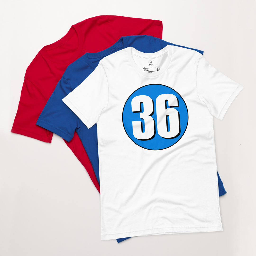 Unisex t-shirt: White on Blue 36