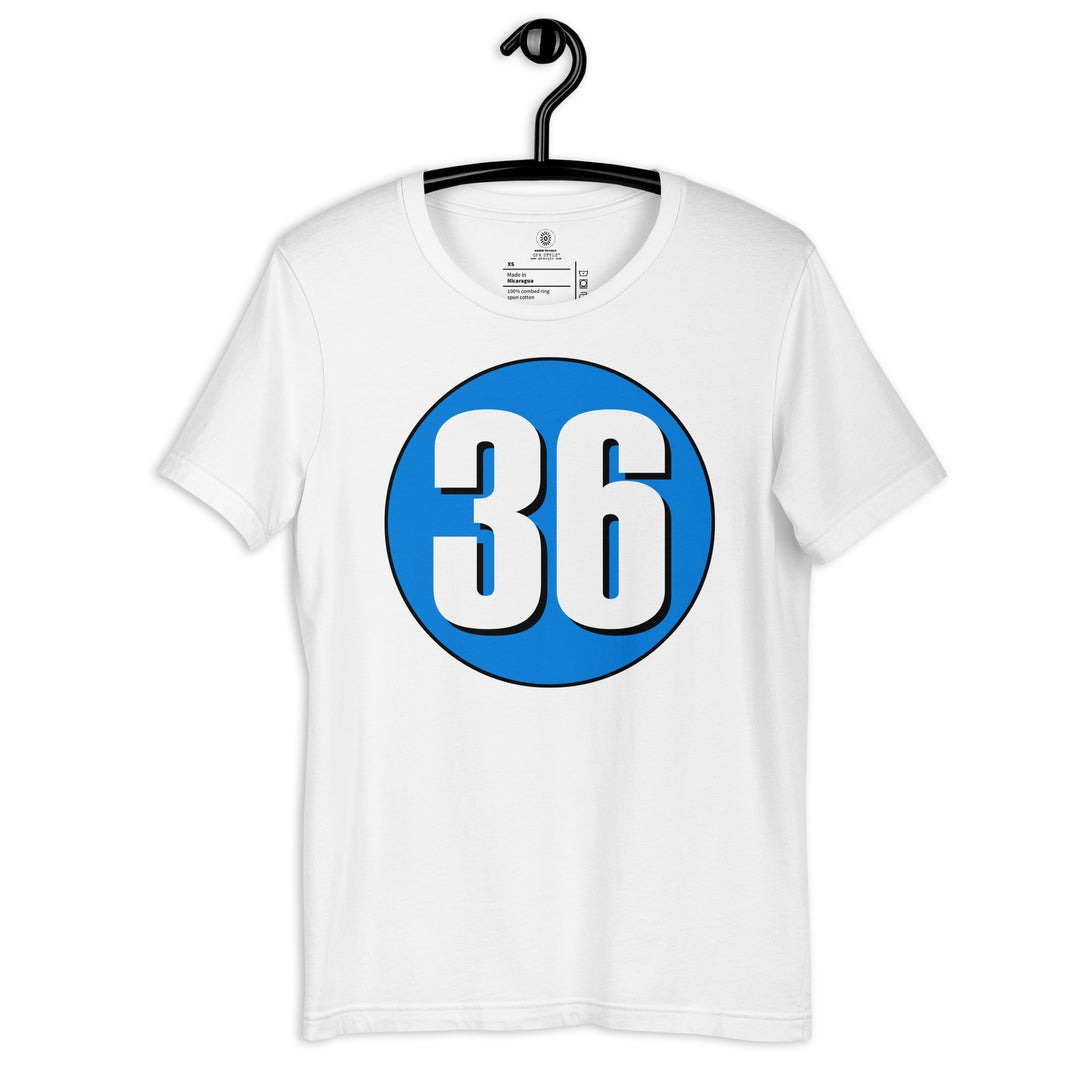 Unisex t-shirt: White on Blue 36