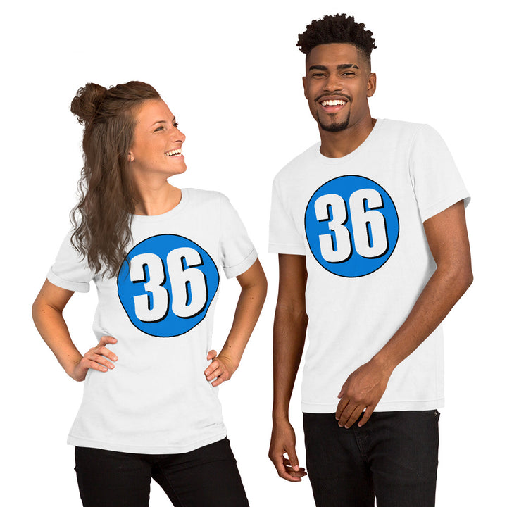 Unisex t-shirt: White on Blue 36