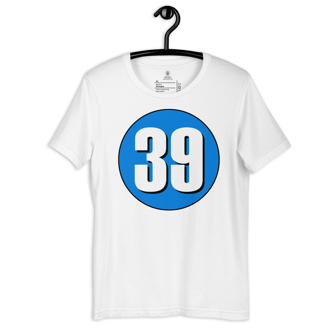 Unisex t-shirt: White on Blue 39