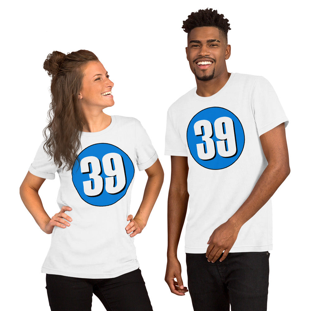 Unisex t-shirt: White on Blue 39