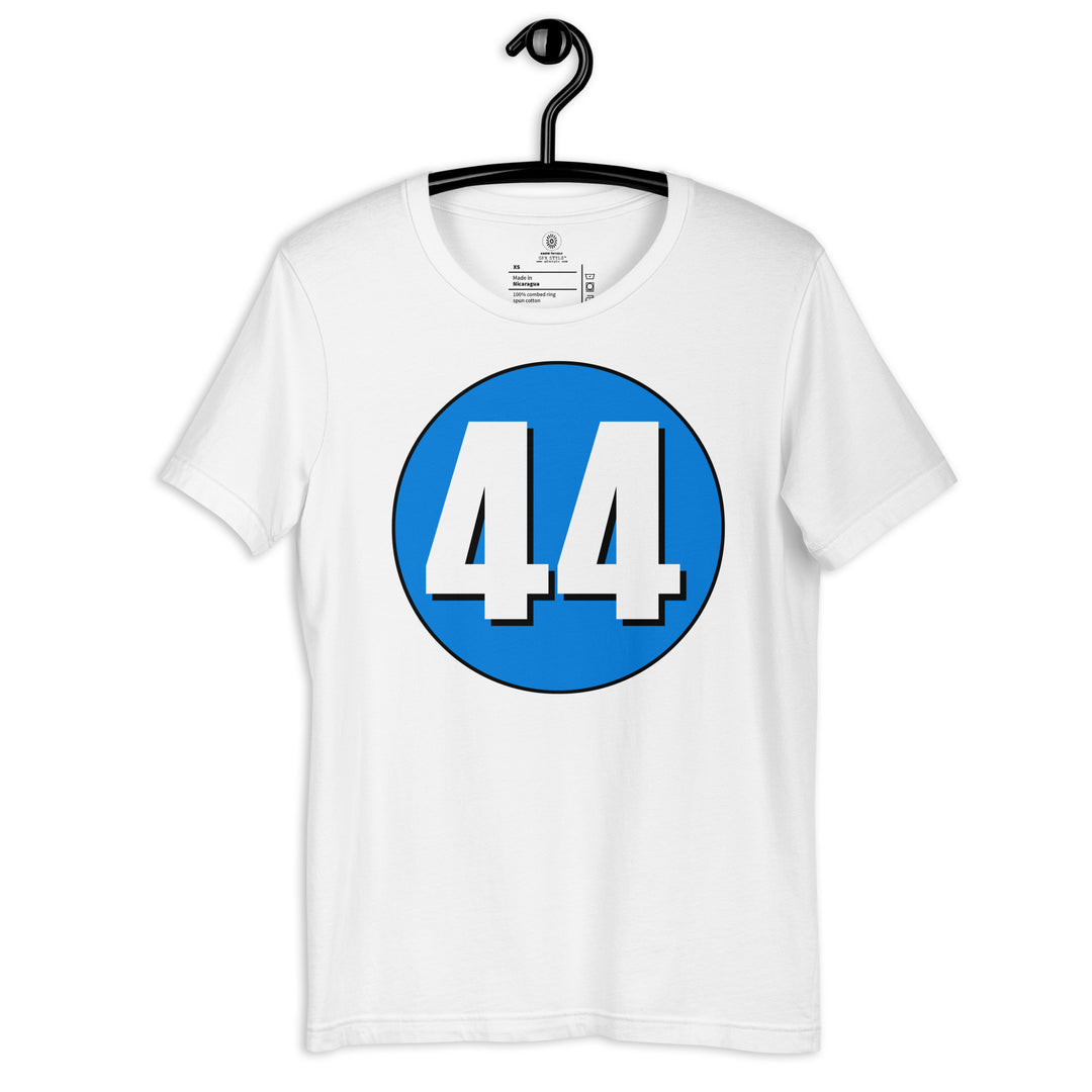 Unisex t-shirt: White on Blue 44