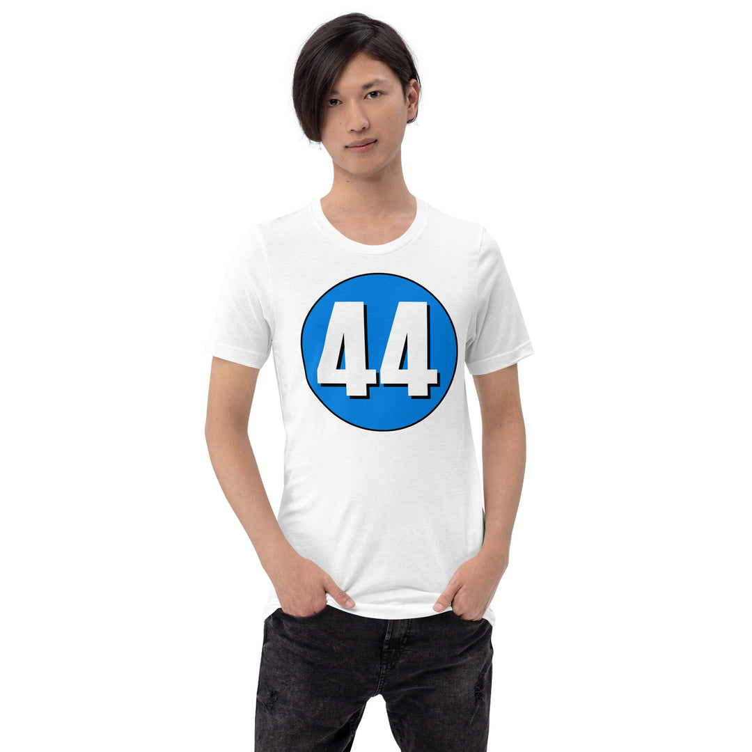 Unisex t-shirt: White on Blue 44