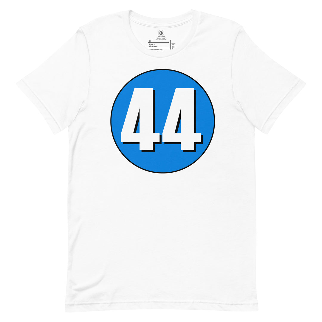 Unisex t-shirt: White on Blue 44