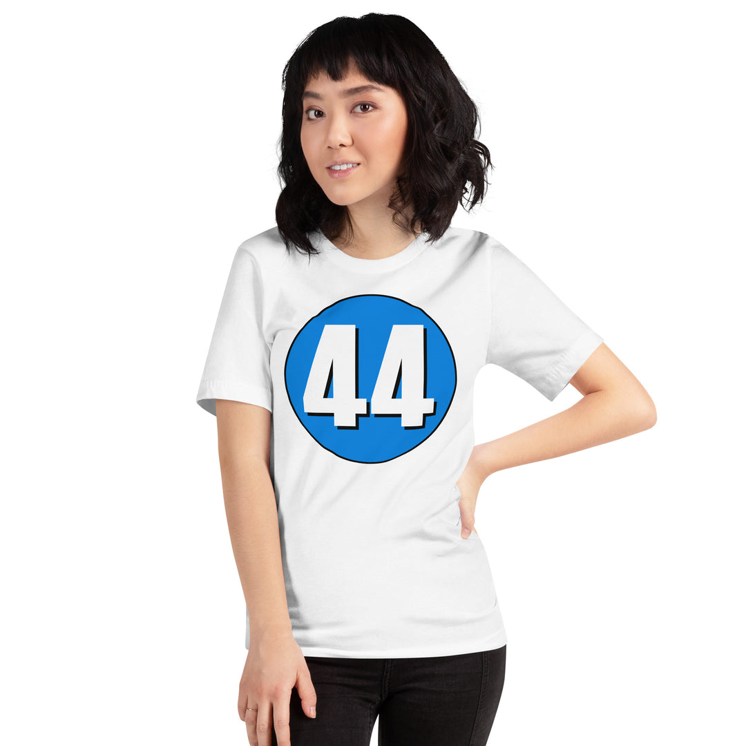 Unisex t-shirt: White on Blue 44