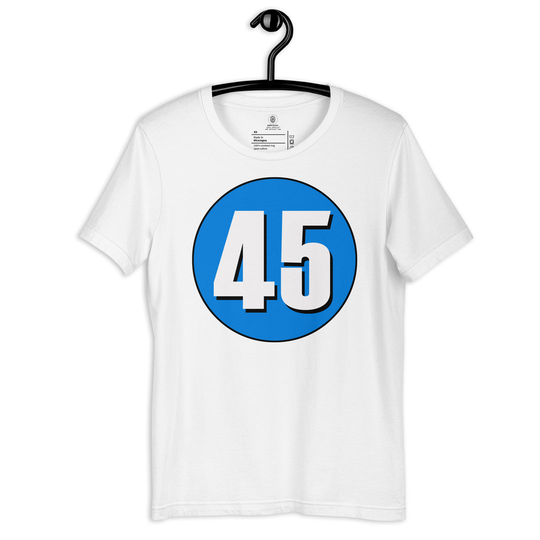 Unisex t-shirt: White on Blue 45