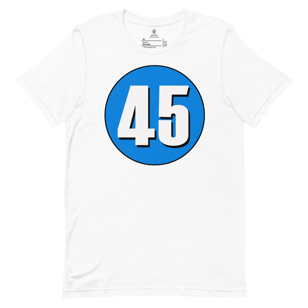 Unisex t-shirt: White on Blue 45