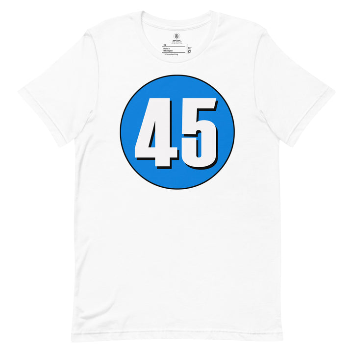 Unisex t-shirt: White on Blue 45