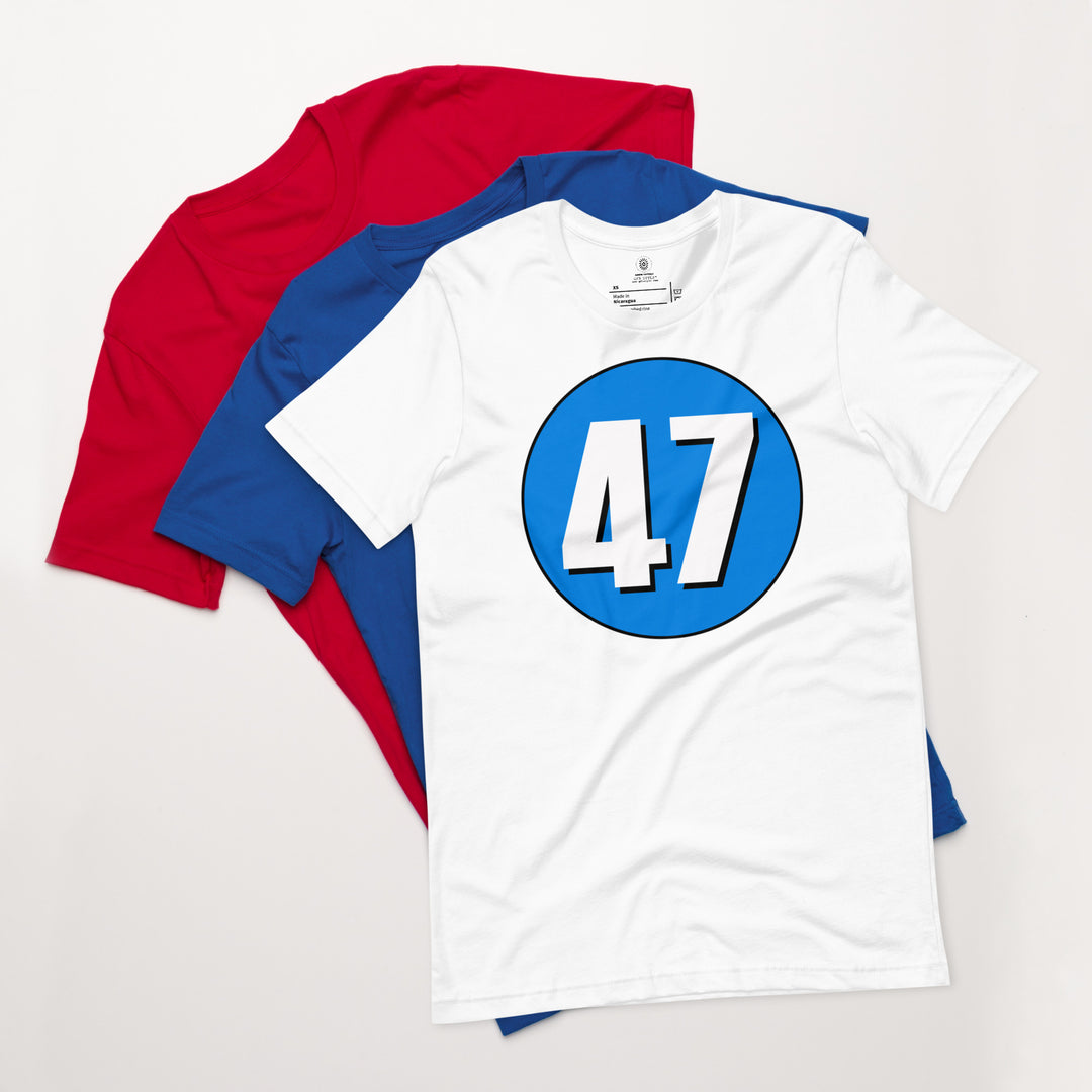 Unisex t-shirt: White on Blue 47