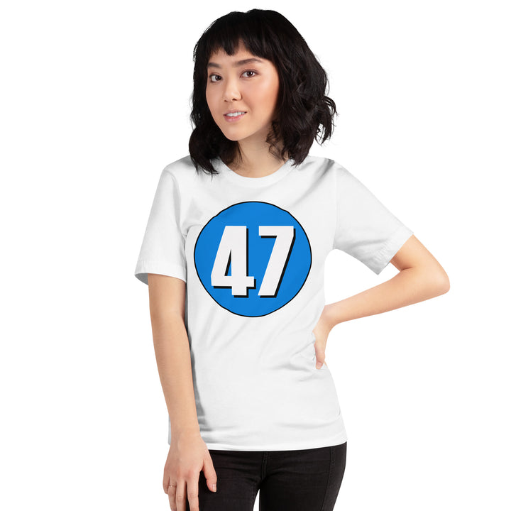 Unisex t-shirt: White on Blue 47