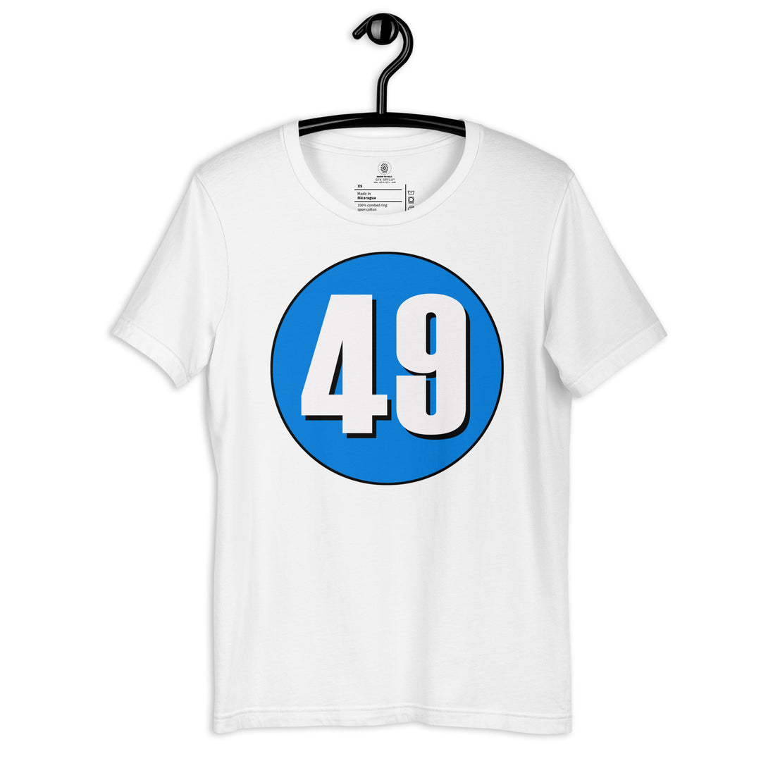 Unisex t-shirt: White on Blue 49