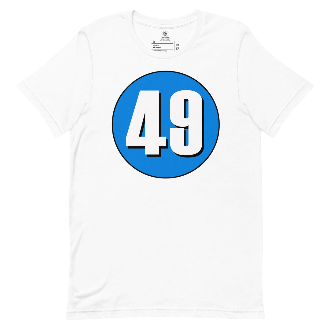 Unisex t-shirt: White on Blue 49