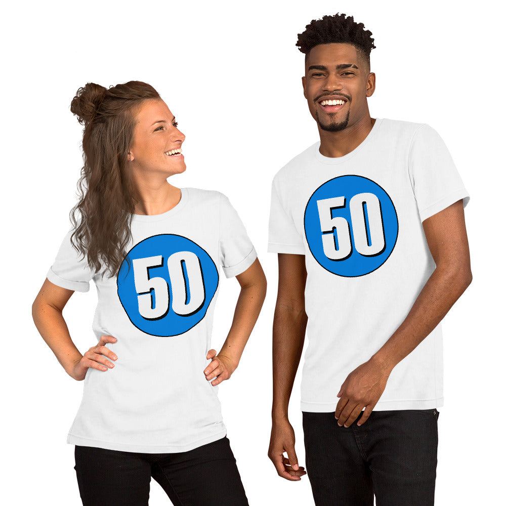 Unisex t-shirt: White on Blue 50