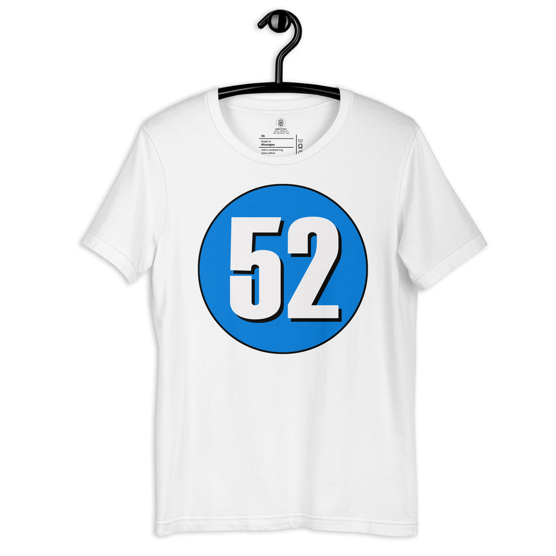 Unisex t-shirt: White on Blue 52