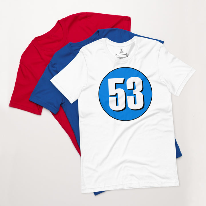 Unisex t-shirt: White on Blue 53