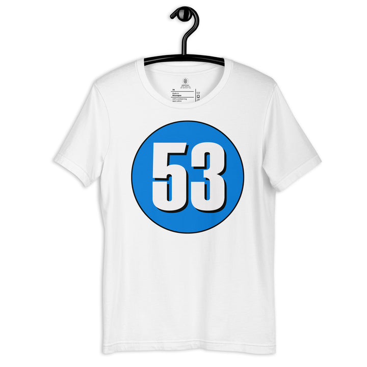 Unisex t-shirt: White on Blue 53