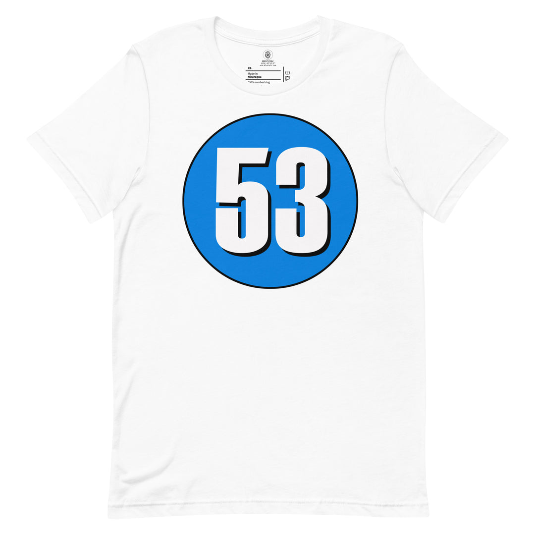 Unisex t-shirt: White on Blue 53