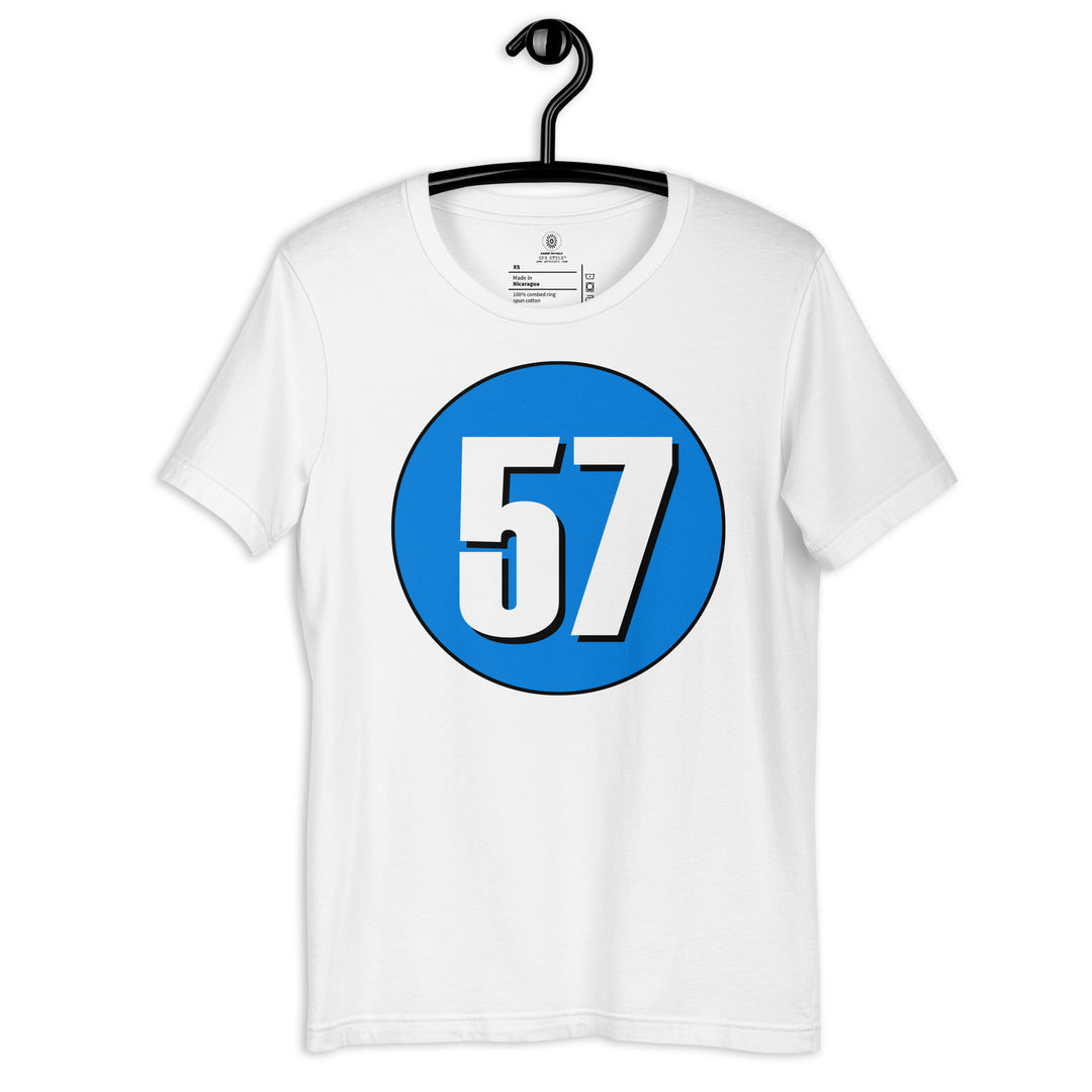 Unisex t-shirt: White on Blue 57