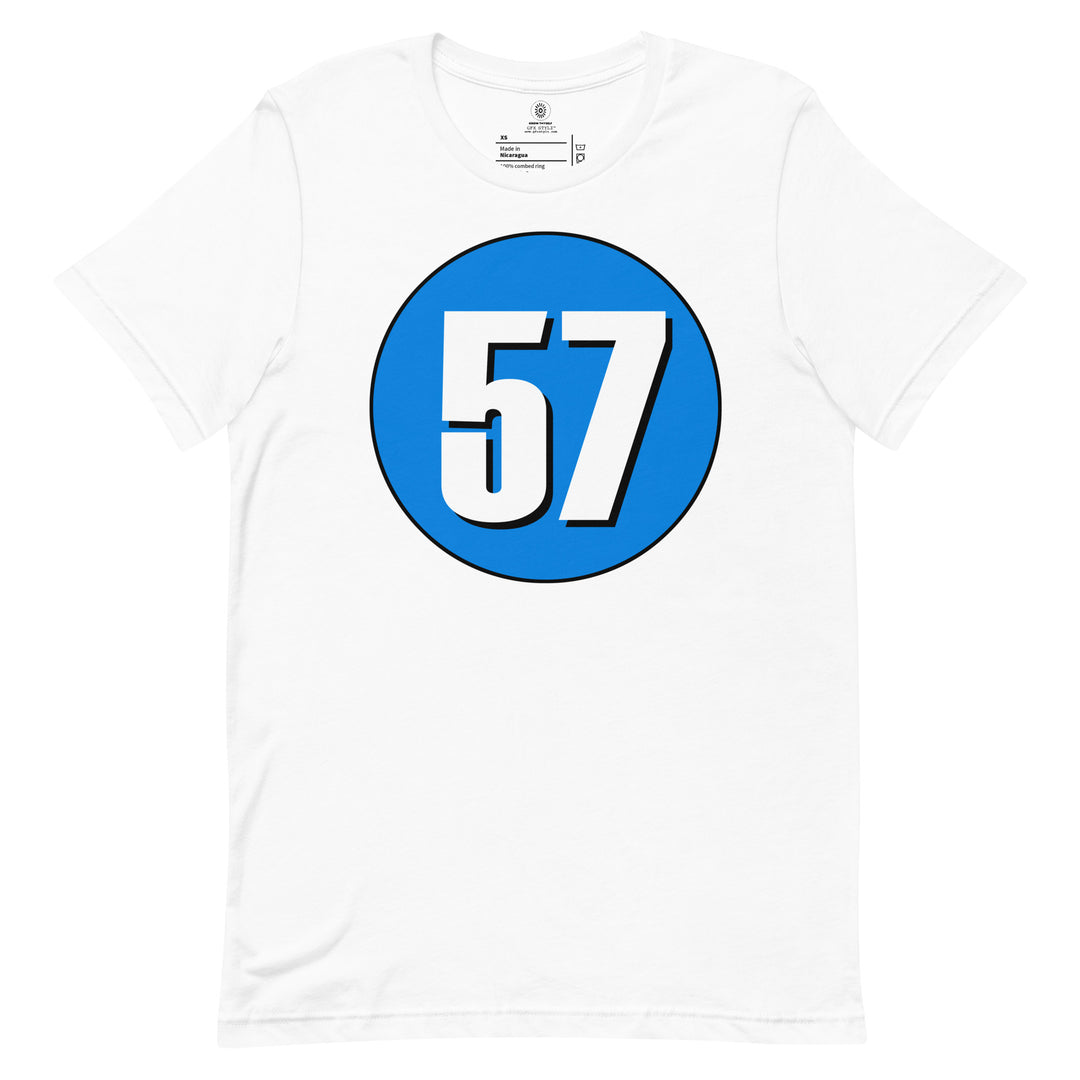 Unisex t-shirt: White on Blue 57