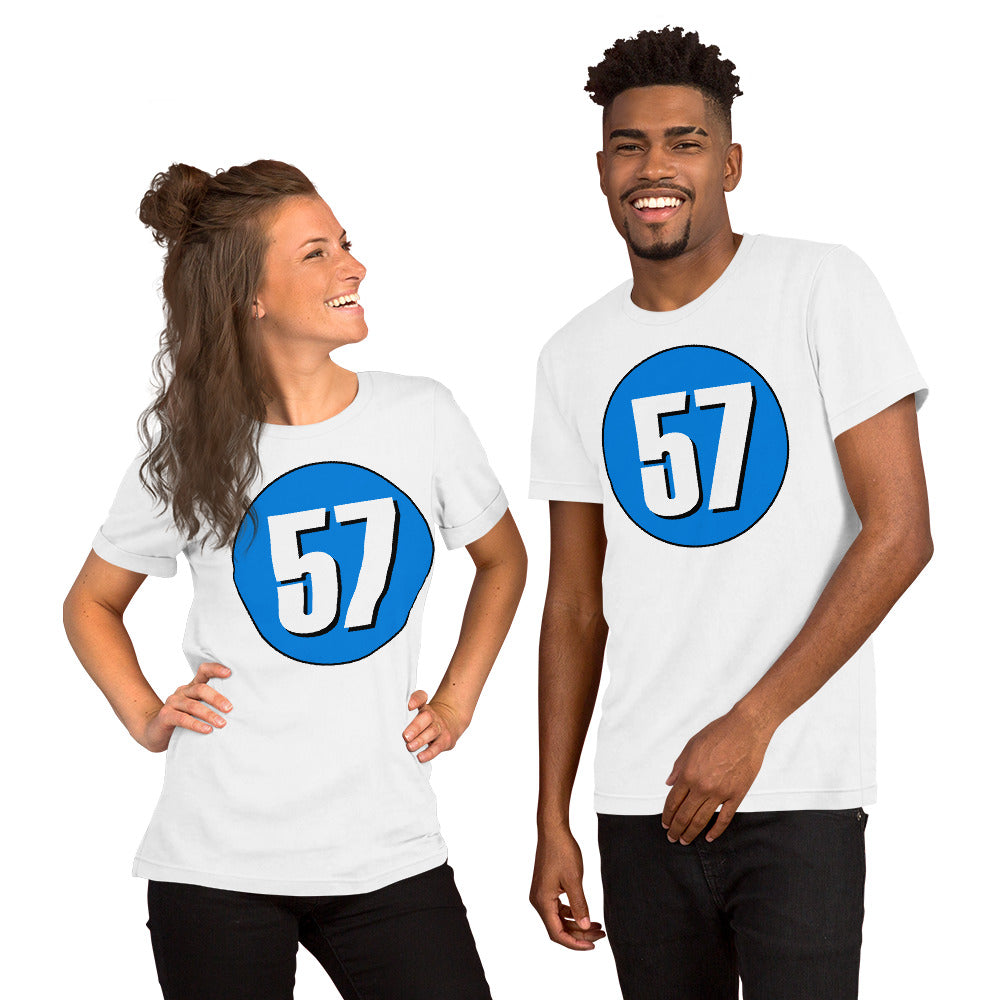 Unisex t-shirt: White on Blue 57