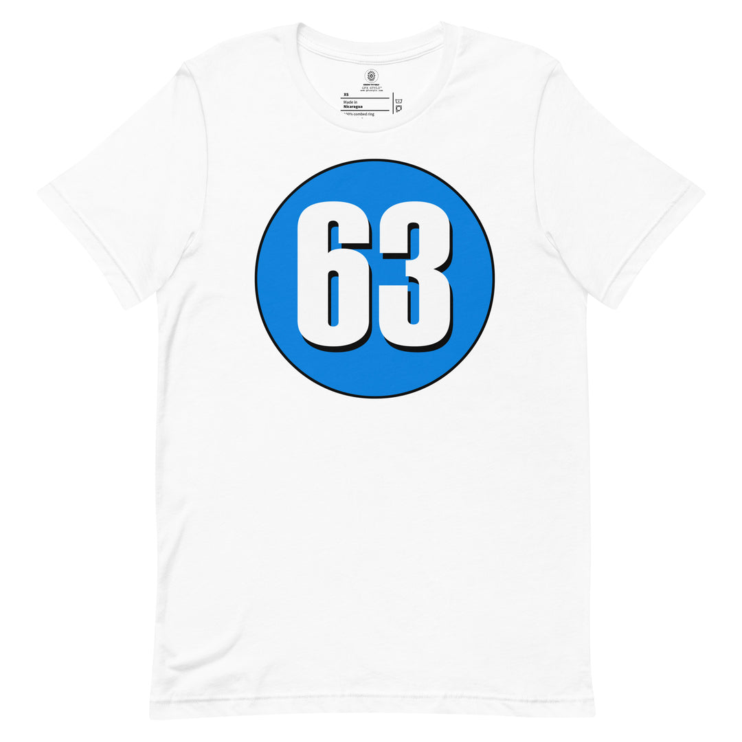 Unisex t-shirt: White on Blue 63