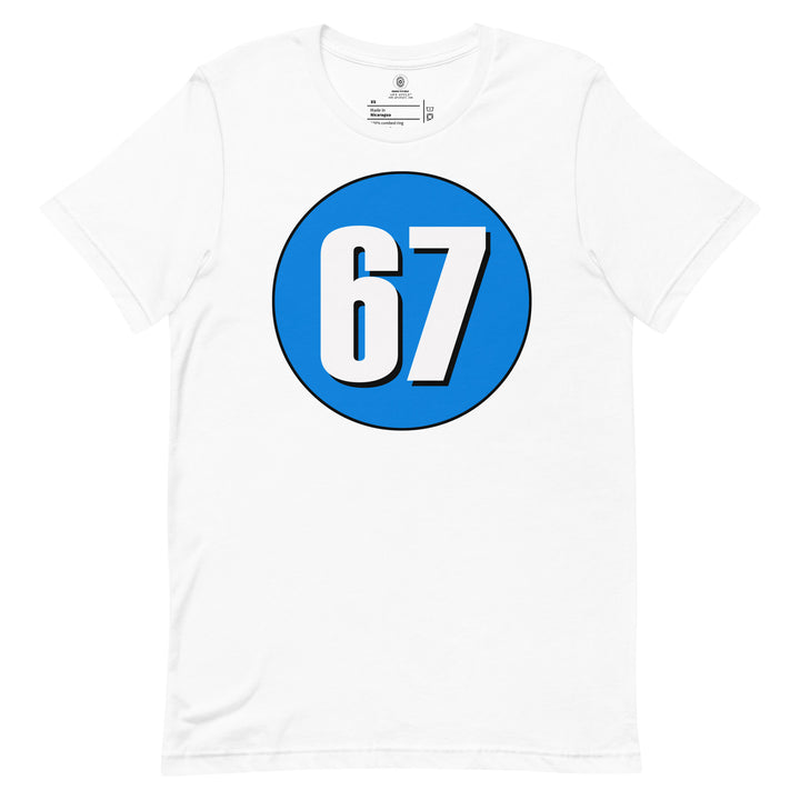 Unisex t-shirt: White on Blue 67