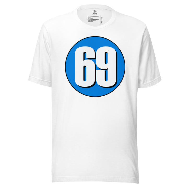 Unisex t-shirt: White on Blue 69