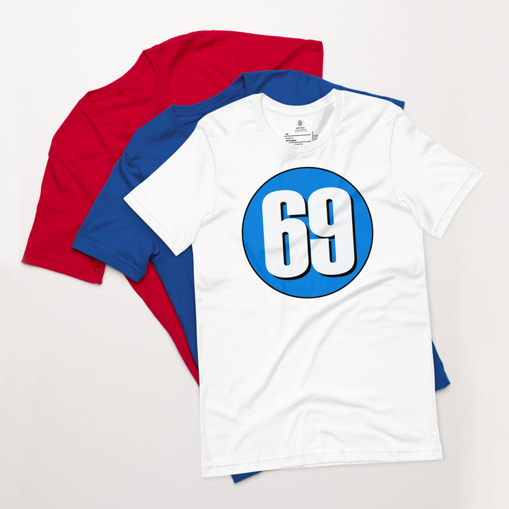 Unisex t-shirt: White on Blue 69