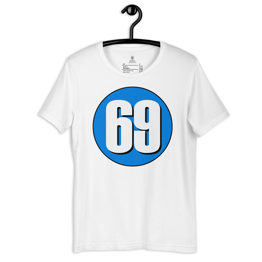 Unisex t-shirt: White on Blue 69