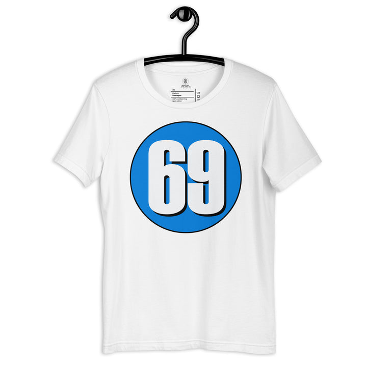 Unisex t-shirt: White on Blue 69