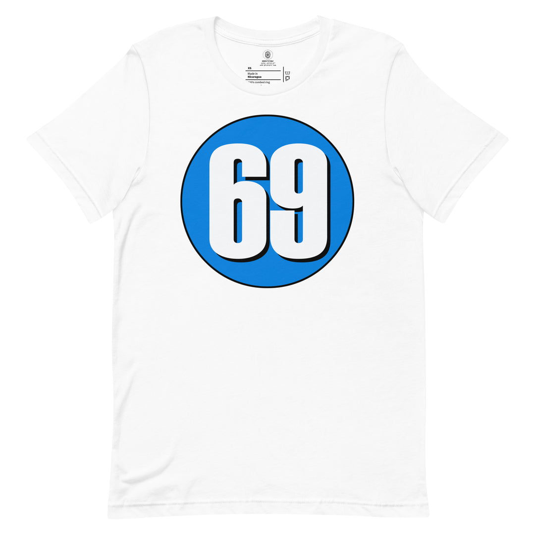 Unisex t-shirt: White on Blue 69