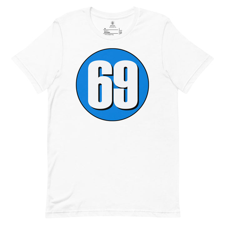 Unisex t-shirt: White on Blue 69