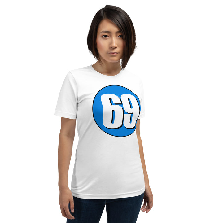 Unisex t-shirt: White on Blue 69