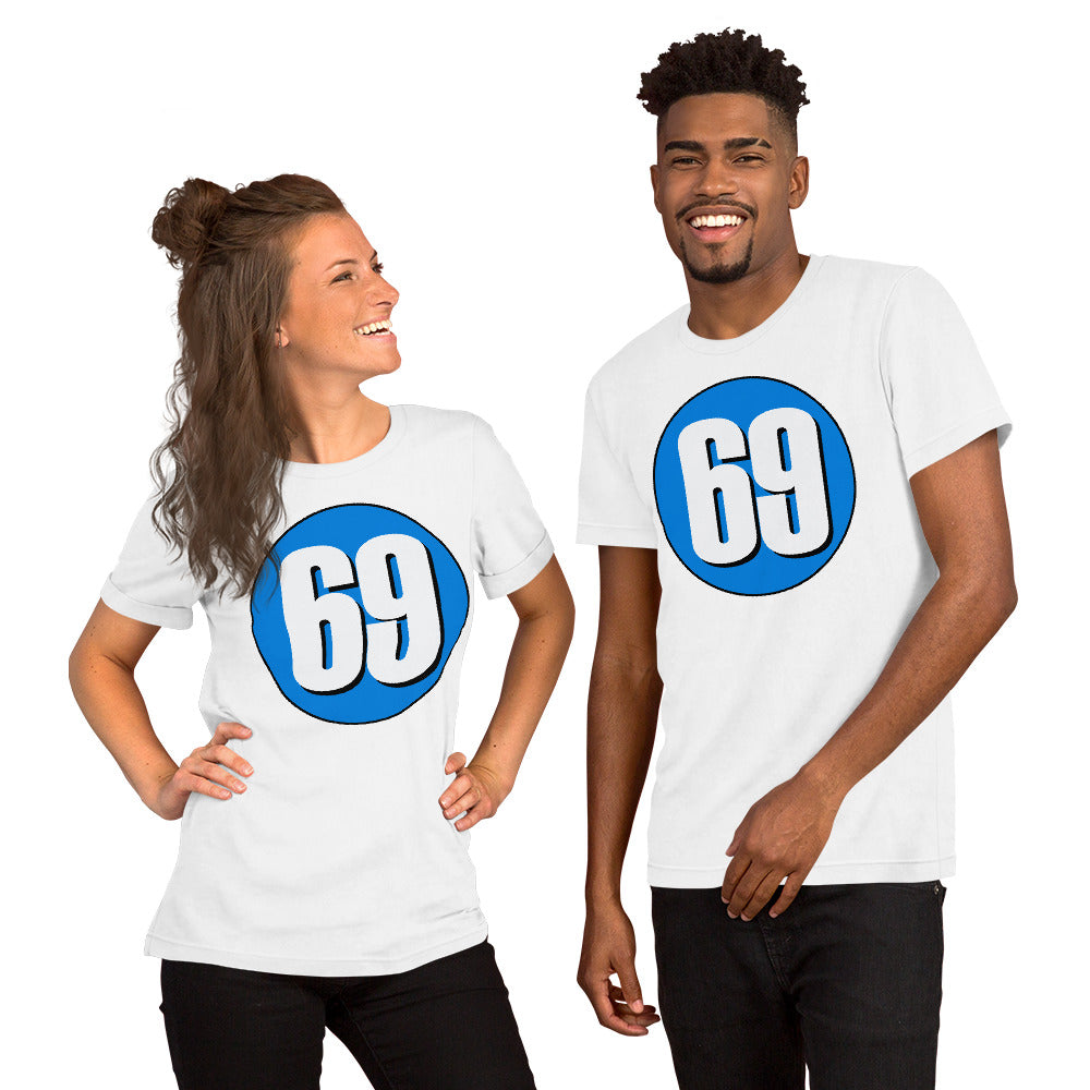 Unisex t-shirt: White on Blue 69