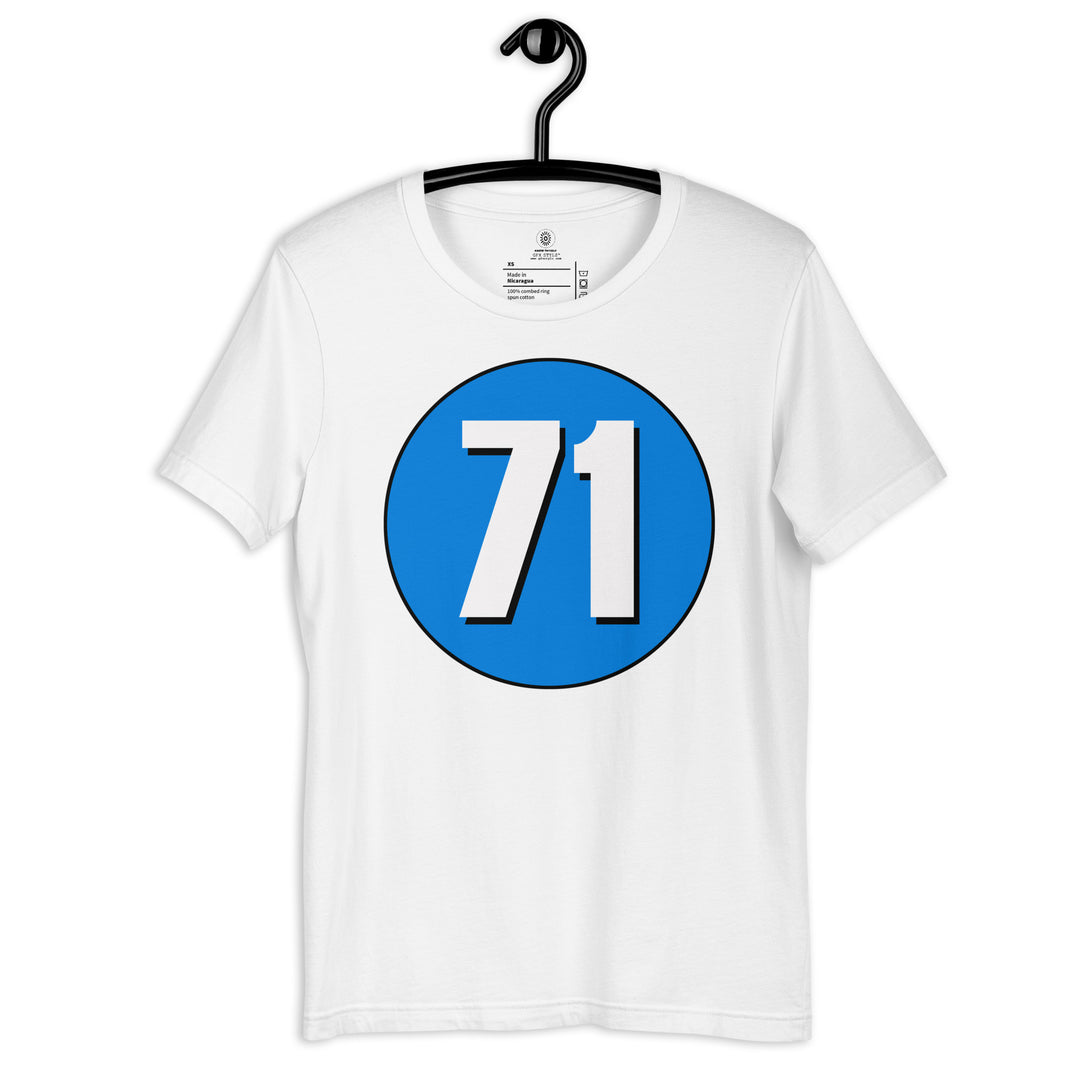 Unisex t-shirt: White on Blue 71