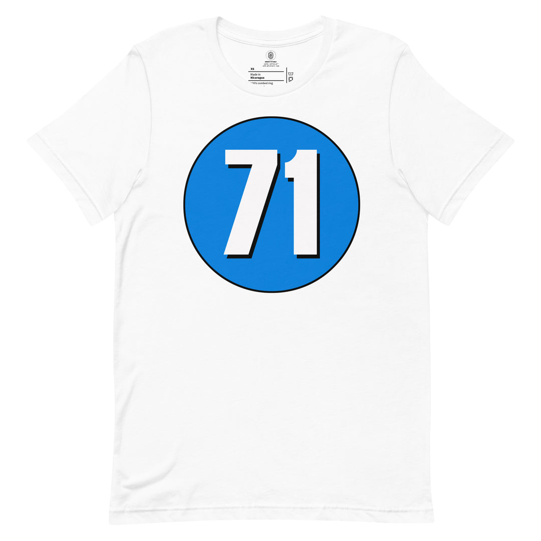 Unisex t-shirt: White on Blue 71