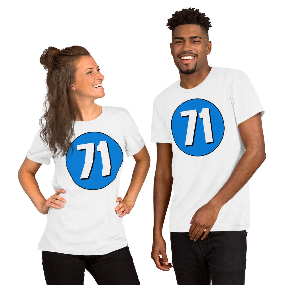 Unisex t-shirt: White on Blue 71