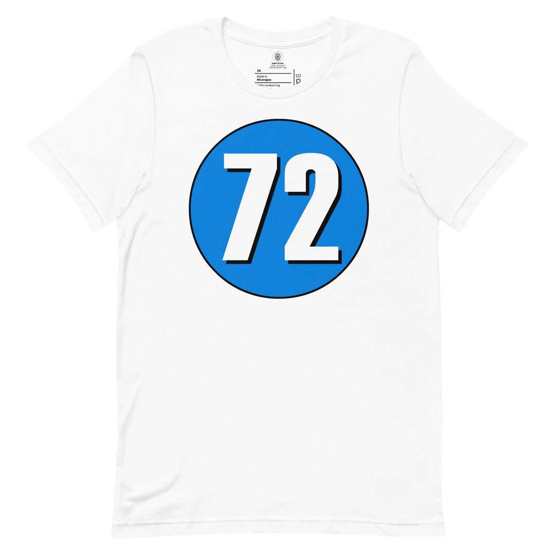 Unisex t-shirt: White on Blue 72