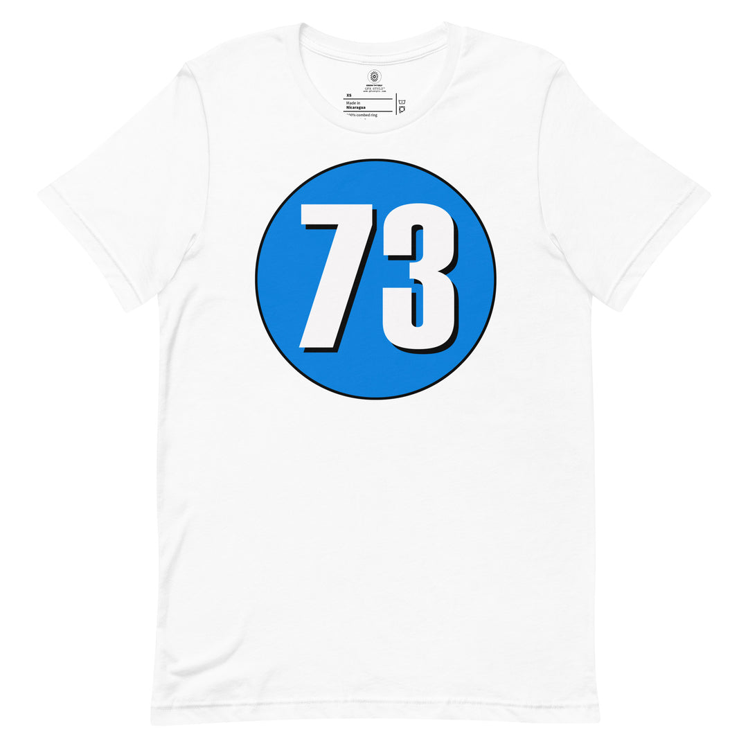 Unisex t-shirt: White on Blue 73