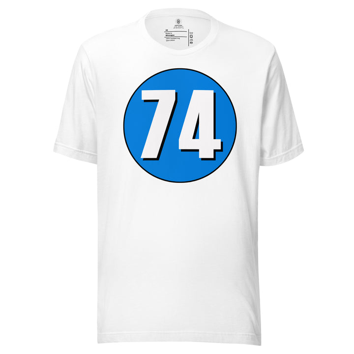 Unisex t-shirt: White on Blue 74