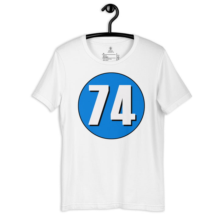 Unisex t-shirt: White on Blue 74