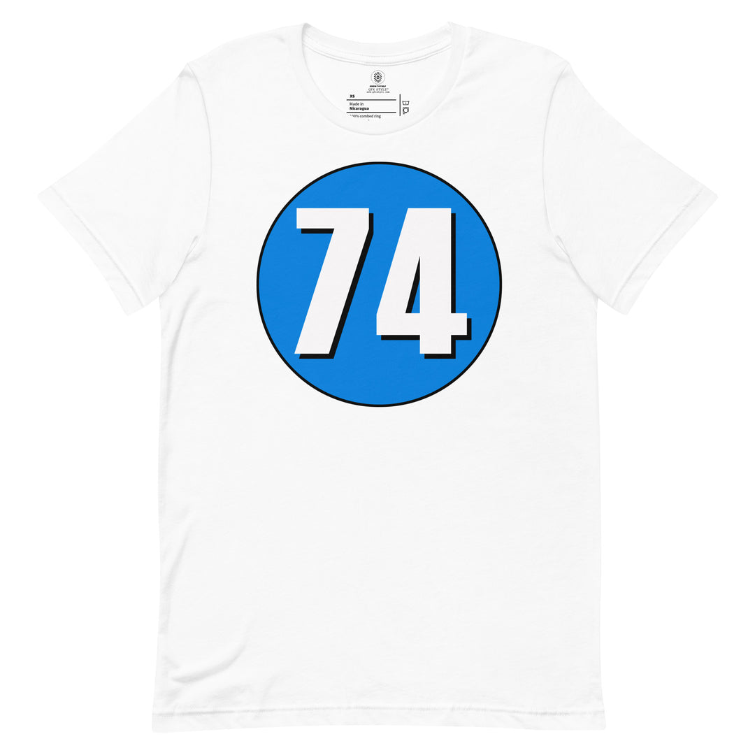 Unisex t-shirt: White on Blue 74