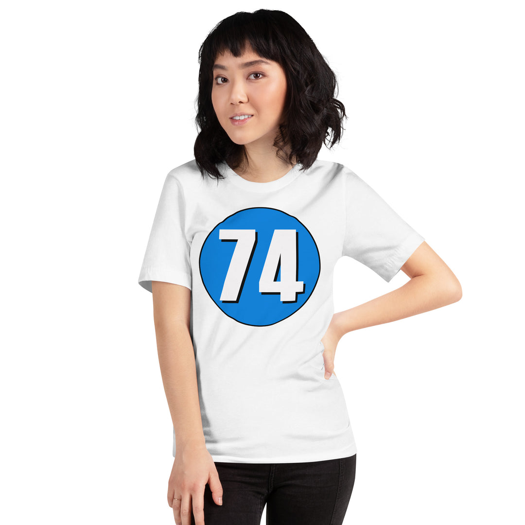 Unisex t-shirt: White on Blue 74