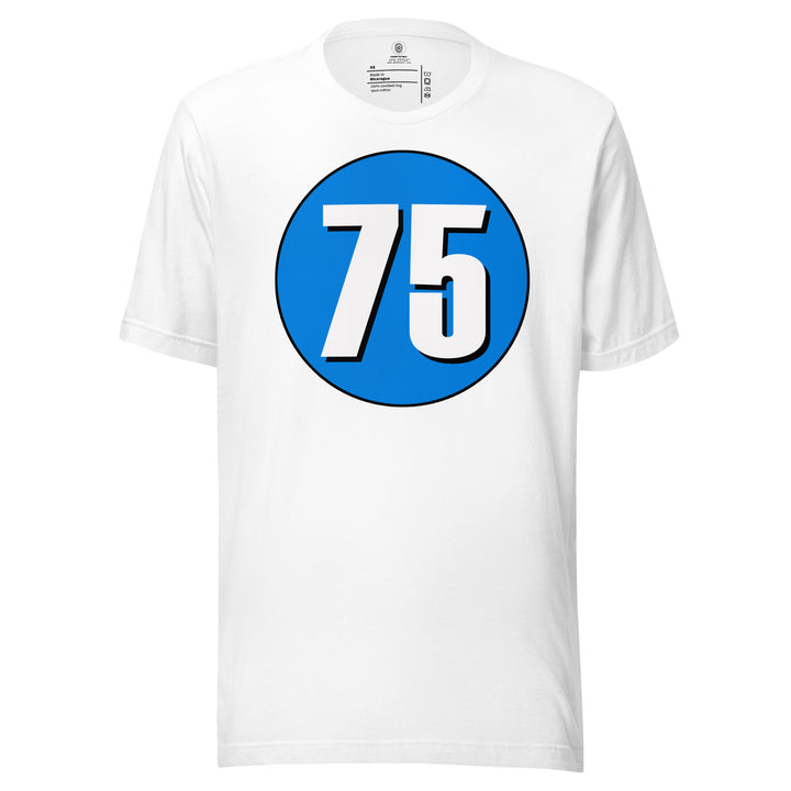 Unisex t-shirt: White on Blue 75