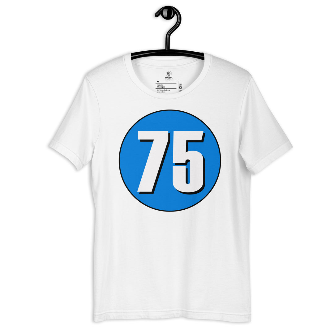 Unisex t-shirt: White on Blue 75