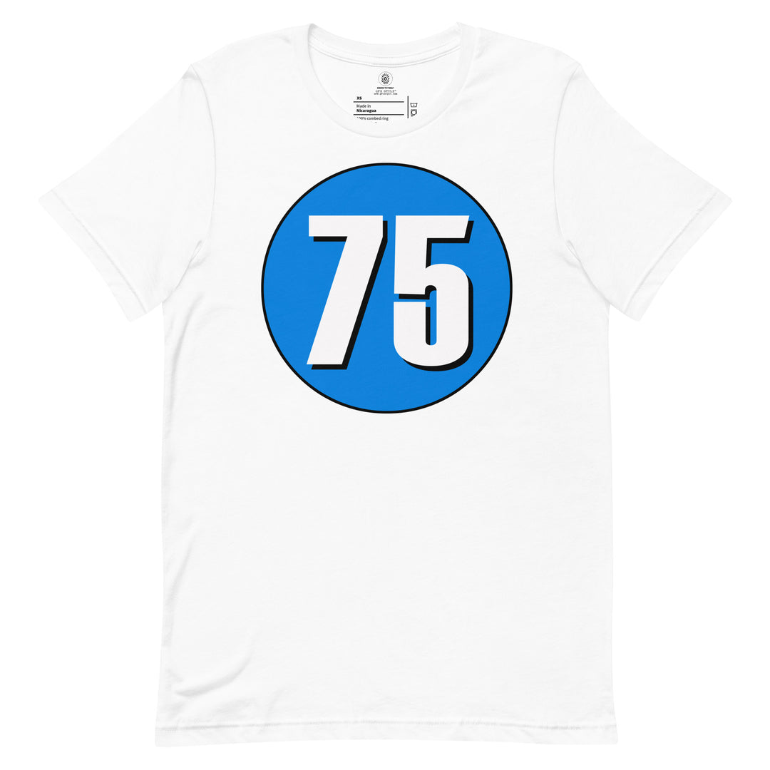 Unisex t-shirt: White on Blue 75